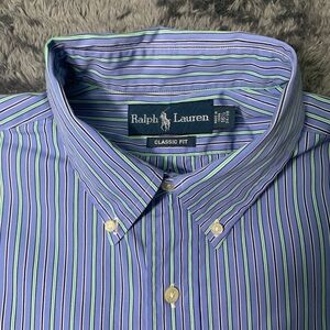 Ralph Lauren Men's Blue and Green Striped Shirt